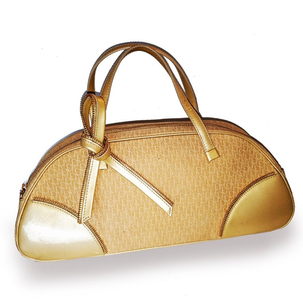 CHRISTIAN DIOR BEIGE LOGO PRINT SUEDE & LEATHER HANDBAG